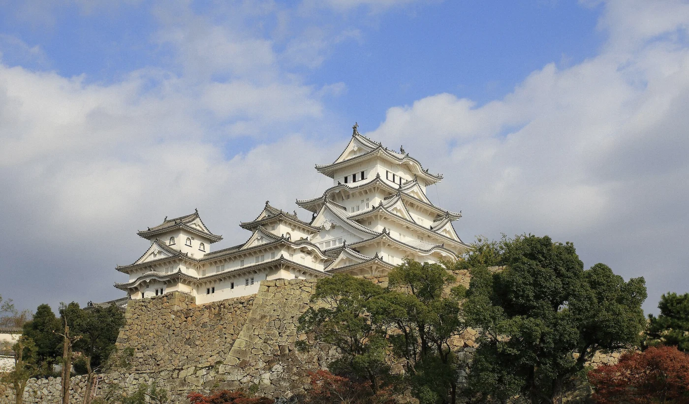 Himeji Castle keep and baileys under a clear sky in Himeji, Japan
