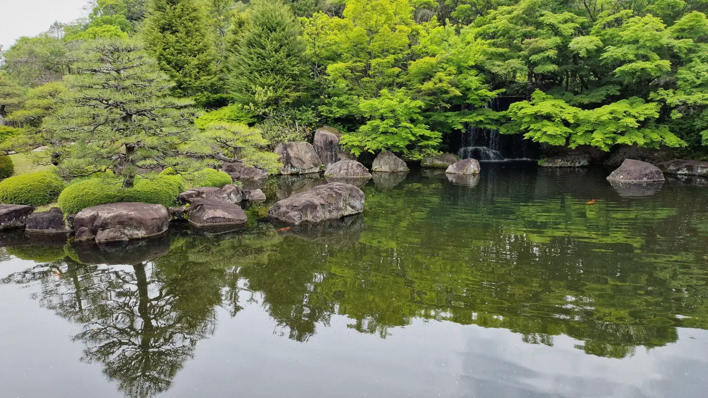 Garden paths and manicured shrubs in Koko-en Garden in Himeji, Japan