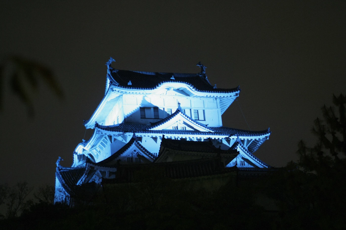 Himeji Castle illuminated blue at night, Himeji, Japan