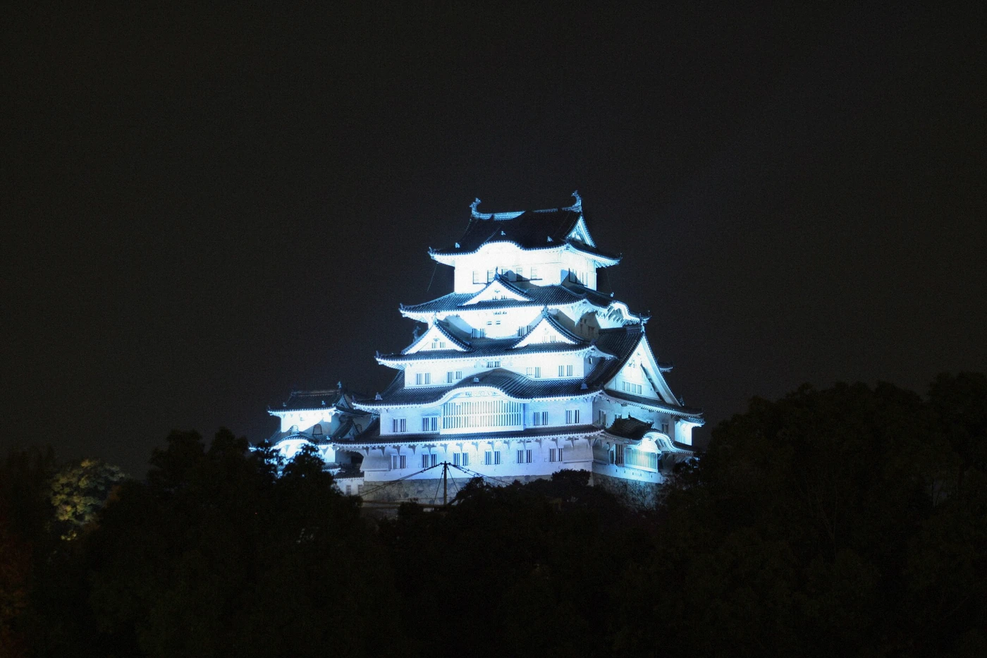 Himeji Castle keep lit at night above the dark grounds, Himeji, Japan