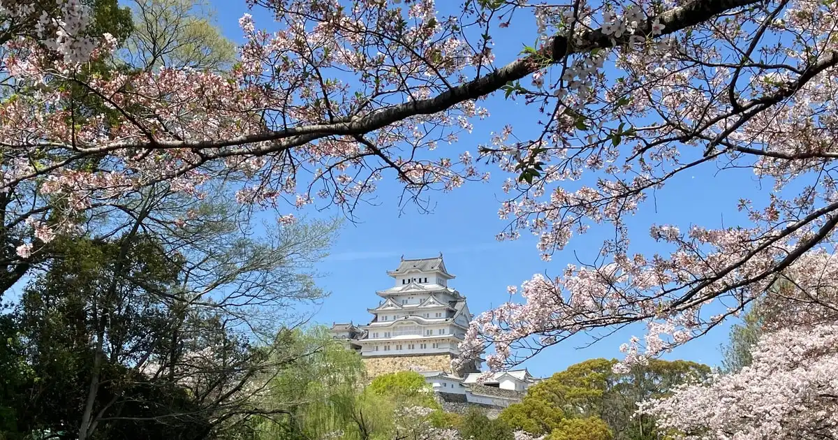 Traditional WASEN boat crossing the inner moat below the white walls of Himeji Castle in Japan